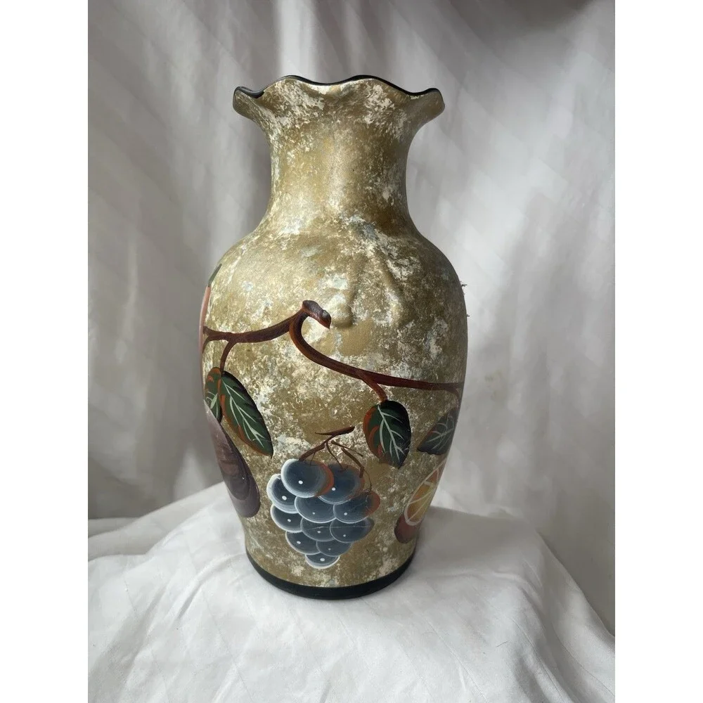 Ariston Gifts Inc Glass Art Vase, Fruit Pattern, Matte Gold Finish, 12 in
